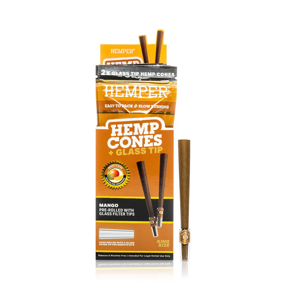 PRE ROLLED KING SIZE GLASS TIPPED HEMP CONES 2PK