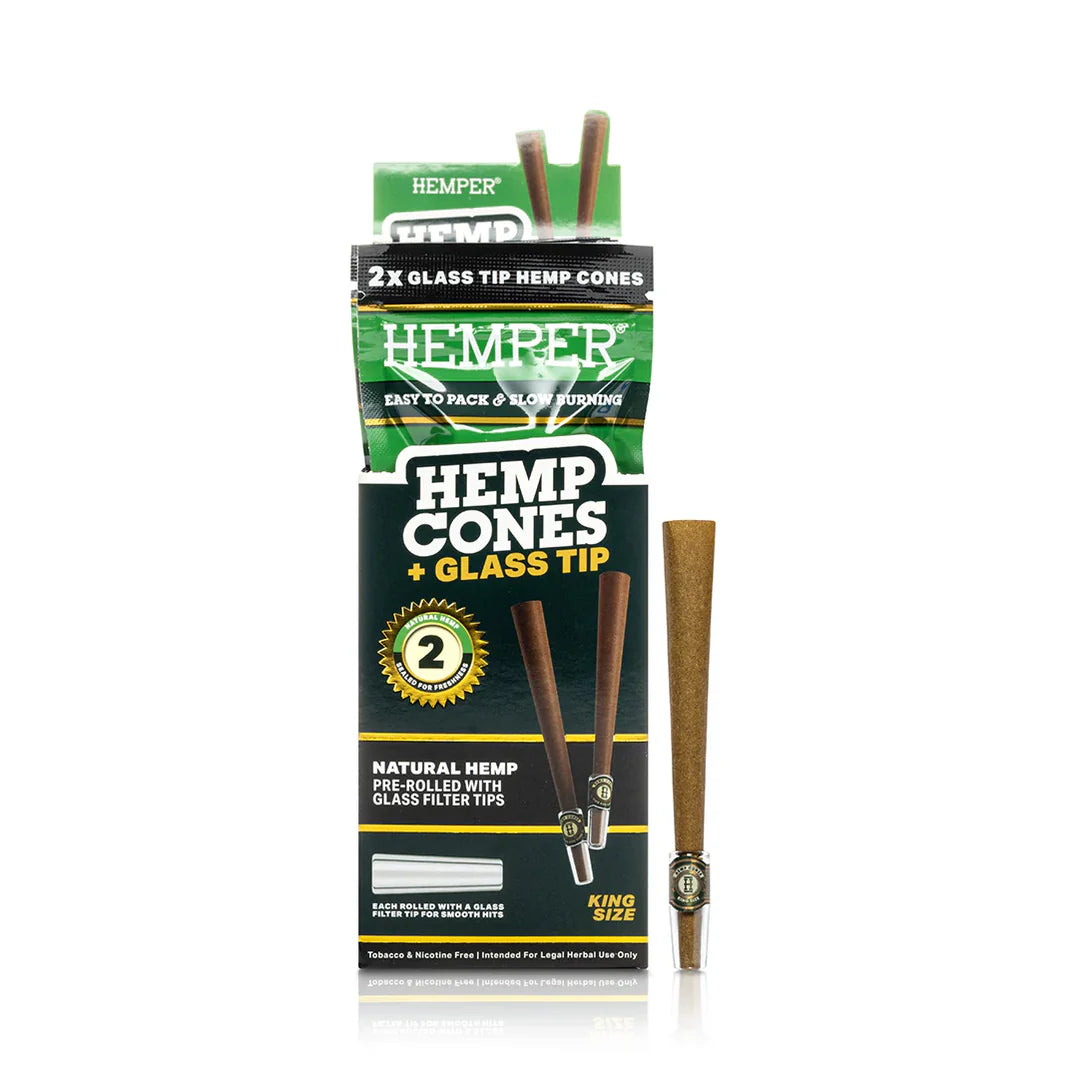 PRE ROLLED KING SIZE GLASS TIPPED HEMP CONES 2PK