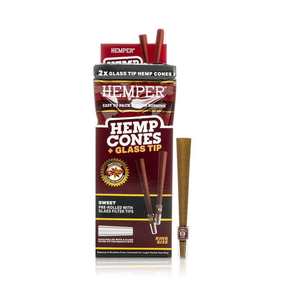 PRE ROLLED KING SIZE GLASS TIPPED HEMP CONES 2PK